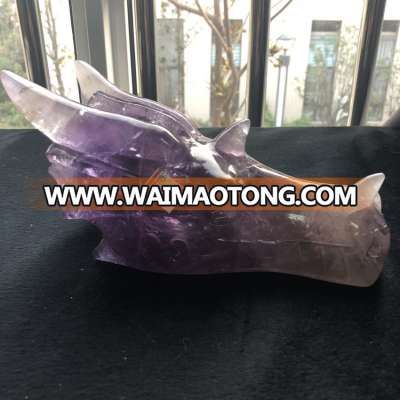 Custom Wholesale Big Rock Quartz Amethyst Chinese Crystal Dragon Head Skulls For Fengshui Ornament